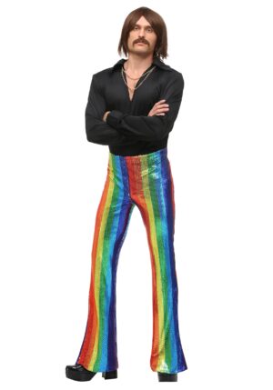 Men's Disco King Costume w- 70s Sequin Rainbow Pants