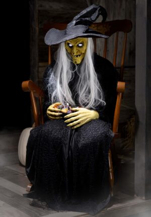 3.5FT Animatronic Seated Witch Holding Candy Bowl Decoration | Witch Decorations