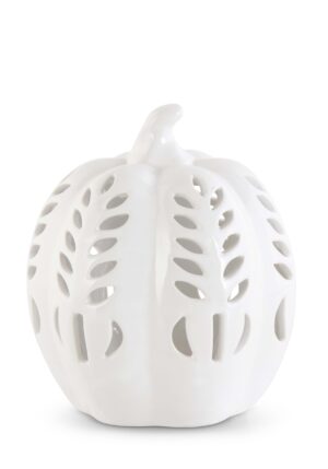 6.75-Inch White Ceramic LED Cutout Pumpkin Decoration