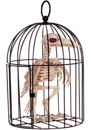 9.5" Raven Skeleton in a Cage Halloween Decoration