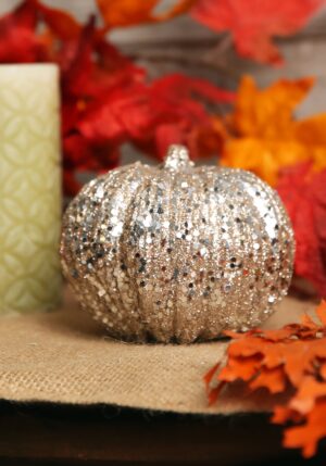 4.5-Inch Short Glitter Champagne Pumpkin Halloween Decoration | Pumpkin Decorations