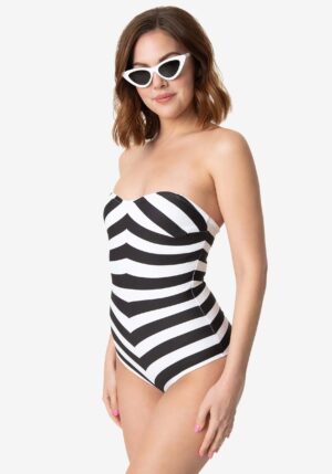 Barbie x Unique Vintage Black & White One Piece Chevron Stripe Bathing Suit | Barbie Costumes