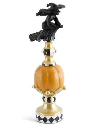 17-Inch Black White Orange and Gold Finial with Flying Witch Resin Decoration | Witch Decorations