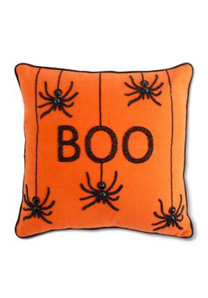 18-Inch Orange Beaded BOO Spiders Decorative Square Pillow | Halloween Pillows