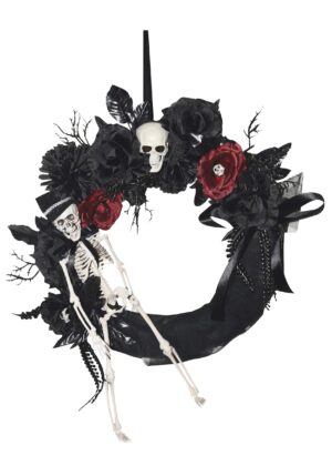 18" Black Halloween Wreath with Skeleton and Flowers Door Decoration | Halloween Wreath