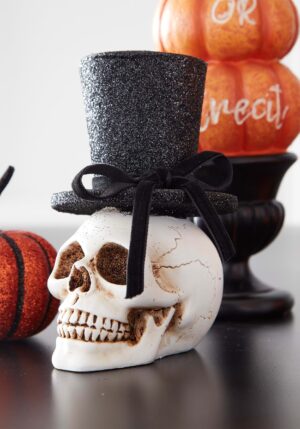 5-Inch Skull with Glittery Black Top Hat Resin Decoration | Table Decorations