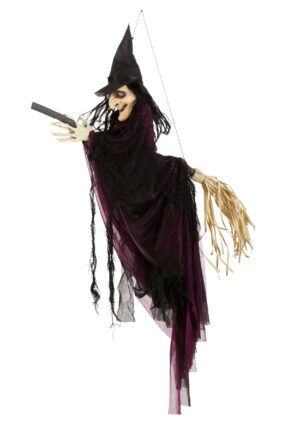 36-Inch Flying Witch on Broom with Voice & Lights Decoration | Witch Decorations