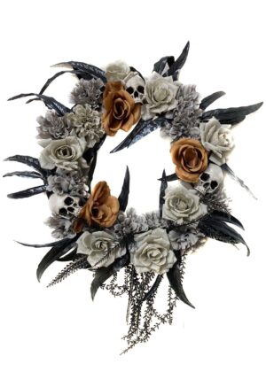 13-Inch Gothic Skull & Flower Halloween Wreath Decoration | Halloween Wreath