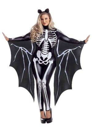 Women's Plus Size Sexy Skeleton Bat Jumpsuit Costume with Attached Wings | Bat Costumes