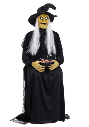 3.5FT Animatronic Seated Witch Holding Candy Bowl Decoration | Witch Decorations