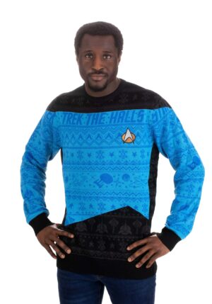 Star Trek "Trek the Halls" Adult Blue Christmas Sweater | Holiday Sweaters