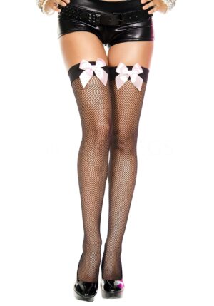Women's Black Fishnet Thigh High Stockings with White Satin Bow | Costume Tights