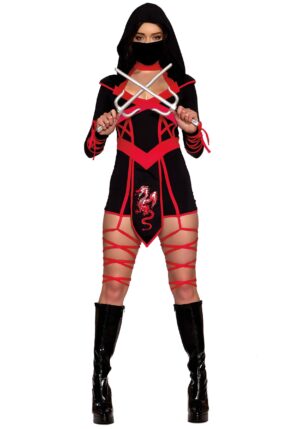 Women's Red Dragon Ninja Hooded Romper Costume