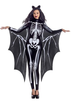Sexy Women's Skeleton Bat Jumpsuit Costume with Attached Wings | Bat Costumes